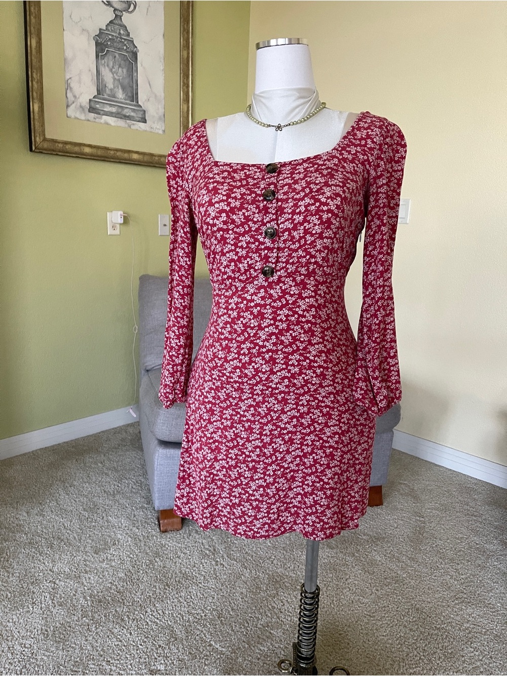 American Eagle Outfitters Red Floral Long Sleeve Square‑Neck Mini Dress